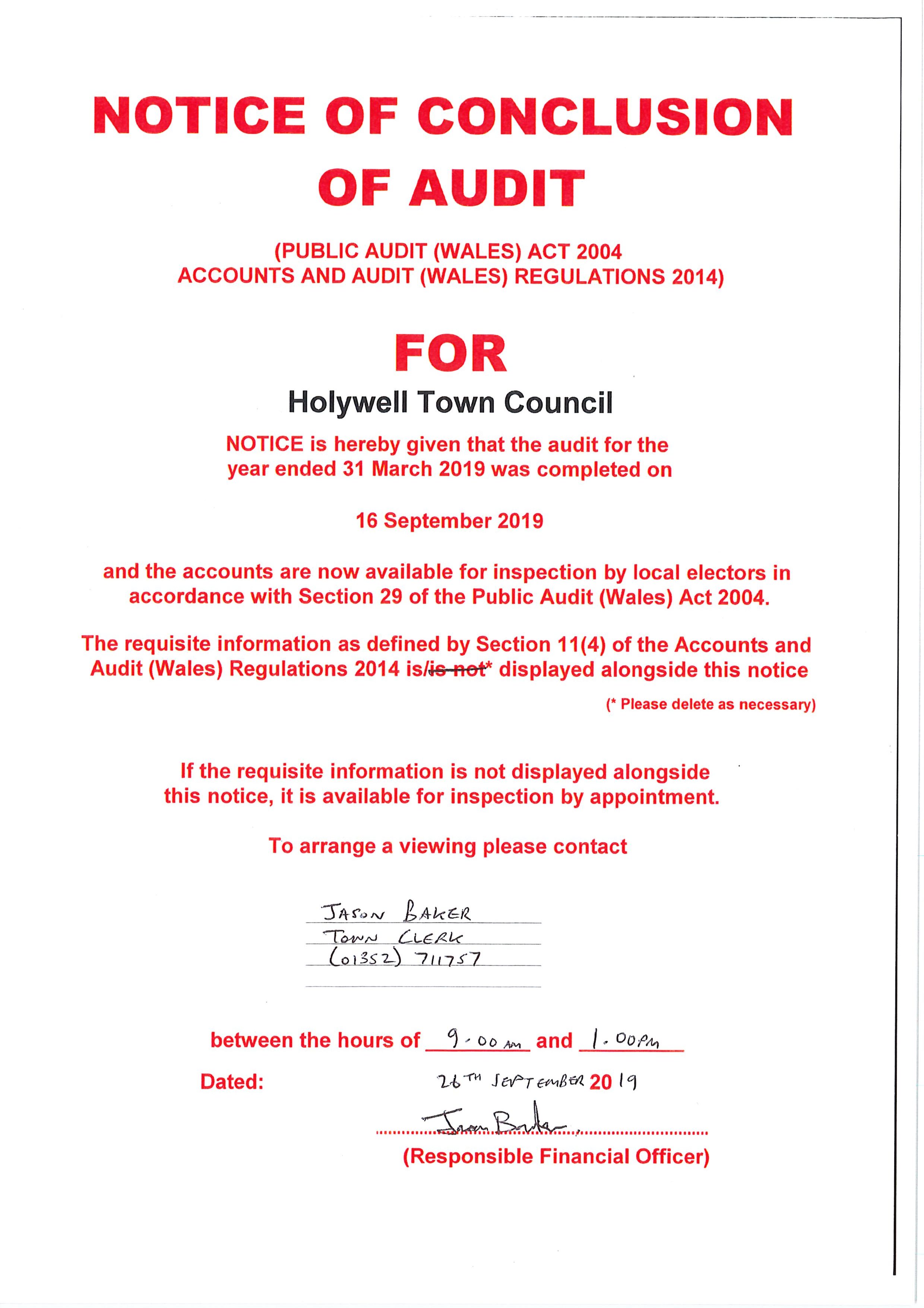 Audit Testing Conclusion Sample Notice of Conclusion of Audit - Holywell Town Council
